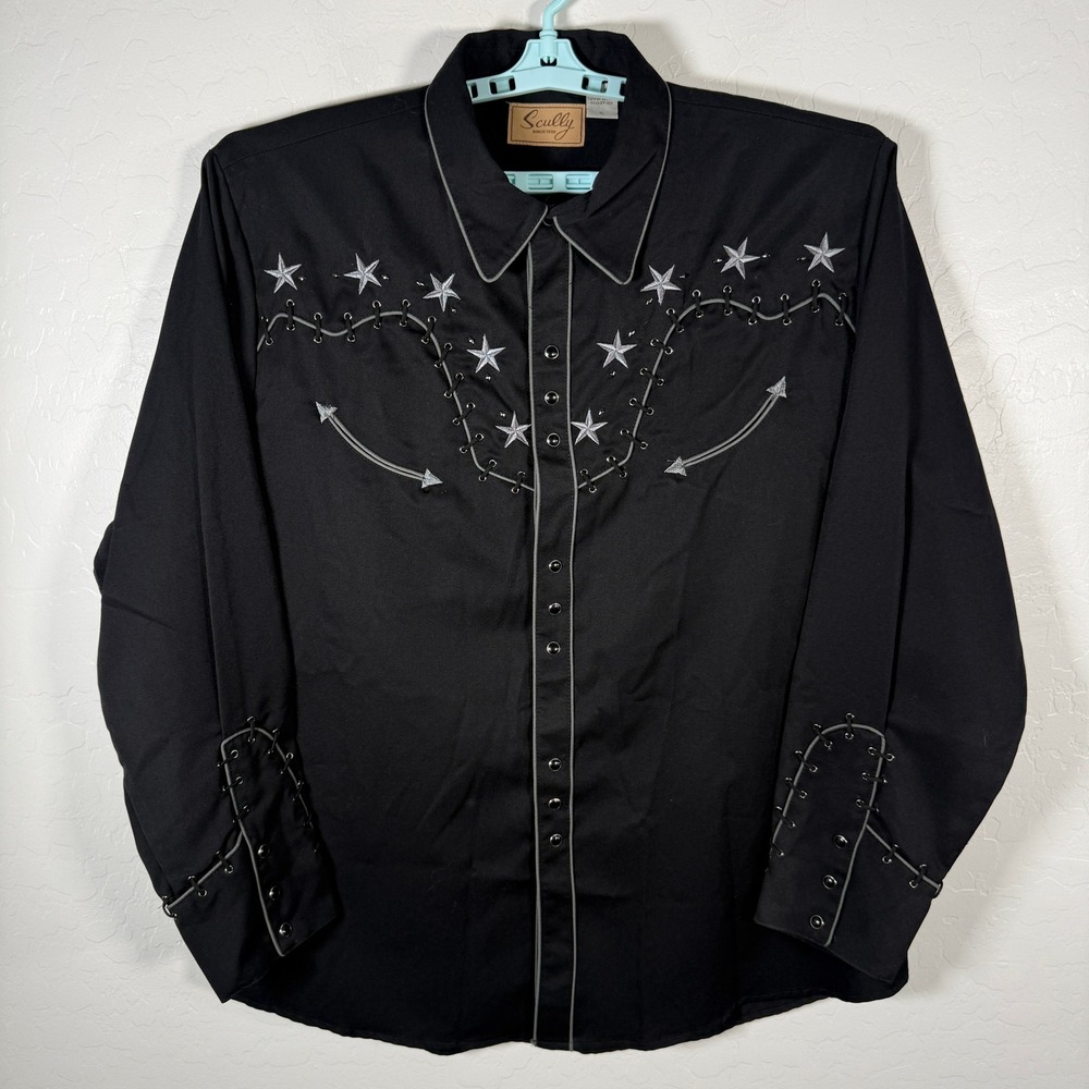 Scully Shirt Mens XL Black Star Studded Pearl Snap Western Embroidered New